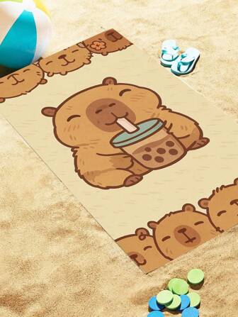 1pc Adorable Capybara Beach Towel, Soft, Absorbent, Multi-Use, Quick-Drying, Suitable For Beach And Pool, Tropical Style, Machine Washable, Non-FadingTravel Essentials Travel Accessories Beach Essentials