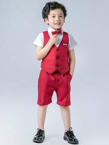 男童夏季休闲绅士套装（3件套）：纯色背心+短裤+领结 - 紅色 - 查看 10