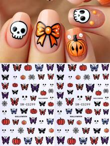 3D 蝴蝶南瓜万圣节指甲贴纸 2 件紫色蓝色橙色黑色白色蝴蝶骷髅南瓜蜘蛛网设计 DIY Y2K 秋冬自粘凝胶抛光贴花滑块美甲装饰美甲用品 - 彩色 - 查看 2