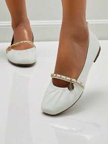 Women's Ballet Flats With A Chain - White - View 3