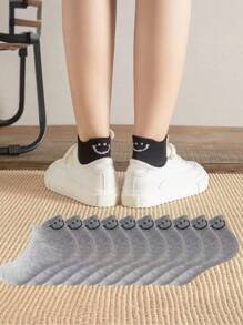 10 Pairs Women Smiling Face Jacquard Boat Socks, Low Vamp Non-Slip Solid Color Thin Soft Simple Short Socks