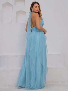 Long Party Dress For Wedding, Bridesmaid, Graduation In Plain Tulle With Cascade Skirt - Màu xanh nhạt - Xem 3