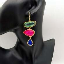 2 件复古几何不对称树脂吊坠耳环，奢华优雅的波西米亚风格超大长耳环，适合日常、节假日和度假 - 耳環 - 查看 10