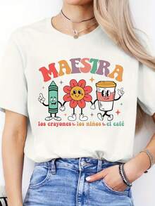 Women'S Spanish Letter Print T-Shirt - Vibrant "Maestra" Design With Crayons, Flowers & Cafe Graphics, Short Sleeve Crew Neck, Soft & Comfortable Casual Top For Spring/Summer, Casual Wear | Playful Design | Soft Fabric, Ladies T