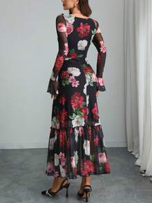 女士哥特式双层优雅印花网纱方领长袖收腰波浪下摆长裙 春假 - 彩色 - 查看 6