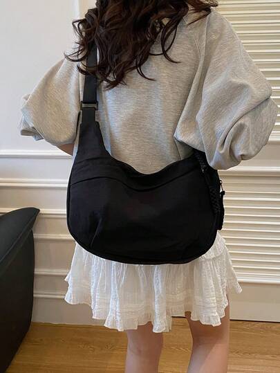 Fashion Solid Color Nylon Waterproof Shoulder Bag, Casual Simple Campus Style Wide Strap Crossbody Bag With Multiple Zippers, Suitable For Students To School, Strolling, Shopping, Daily Use