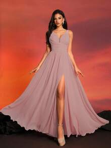 Dusty Pink Bridesmaid Dress Long Chiffon Formal Gown With Slit For Wedding Guest, Prom, Gala, Evening Party, Banquet, Cocktail, Red Carpet, Formal Ceremony, Pageant, Holiday Party, V Neck Sleeveless A-Line Maxi Dress For Women - Dusty Pink - View 4
