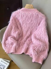 素色珍珠串珠毛茸茸套頭毛衣 - 粉色 - 查看 2