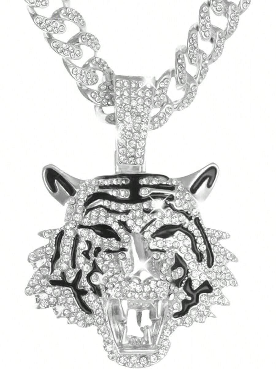 Men's Shiny Cuban Chain Necklace, Miami Style Silver Plated Gold Plated Shiny Necklace, Hop Necklace - 老虎-銀色 - 查看 1