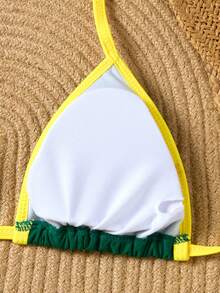 Bikini con cuello en V y parte delantera anudada, con bloques de color, sexy para mujeres, ideal para la playa y vacaciones de verano - Verde - Ver 5