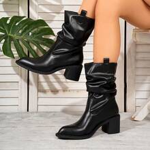 Women's New Solid Color Elastic Boots, Ladies Knee-High Boots With 7cm Chunky Heel, Round Toe, Suede Material, Pull-On Style, Fashion Versatile Casual Shoes, Plus Size 43 - Black - View 6