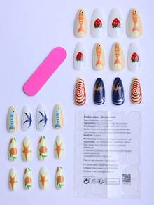 24 Pieces Of Almond-Shaped Creative Hand-Painted Wearing Armor Gift Box Summer Fingertip Roaming Mix And Match The Ocean And Fruit Flavor, Blue Fish On Orange Gradient With Red Strawberry Ins Style Cool Girl, Holiday Beach Essential Fake Nails With Jelly Glue 1 Piece File Strip 1. Press On Nails Nail Supplies Nails - Multicolor - View 3