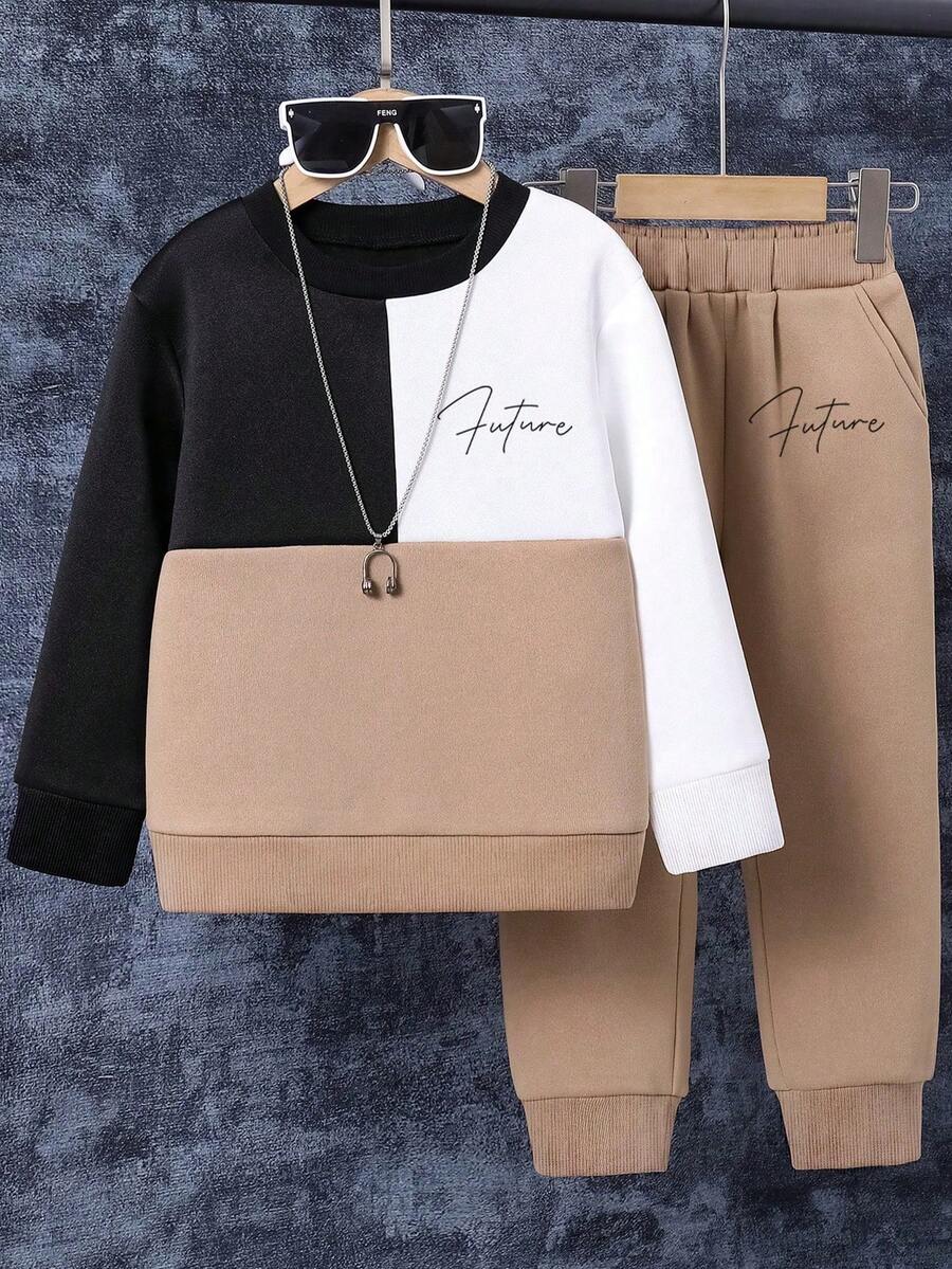 青少年男孩字母图案印花保暖圆领运动衫和裤子套装 - 卡其色 - 查看 1