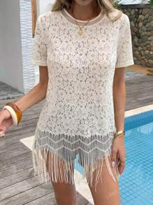 1 peça blusa de renda transparente com borlas e patchwork de cor sólida, adequada para uso diário, festa de aniversário, viagens, verão