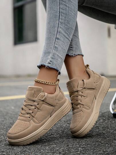 scarpi sportivi casual retrò da donna color cachi con lacci frontali, confortevoli, leggere, scarpe da passeggio all'aperto popolari, adatte per studenti e uso quotidiano