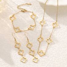 4pcs/Set Fashionable Stainless Steel Hollow Clover Necklace, Earrings, Bracelet Set, Multi-Function Personalized Accessories