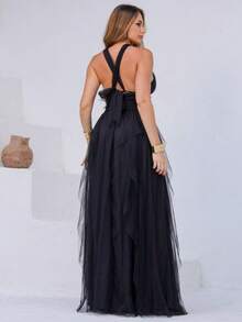 Long Party Dress For Wedding, Bridesmaid, Graduation In Plain Tulle With Cascade Skirt - màu đen - Xem 3