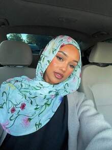 1pc Floral Printed Hijab, Fashionable Elegant Boho Style Scarf For Women, Lightweight Headwrap Suitable For Daily Wear And Abaya For Dress - Light Blue - View 3