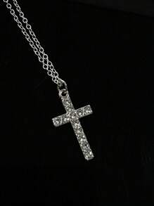 Gothic Style Rhinestone Studded Cross Stainless Steel Necklace For Women & Men