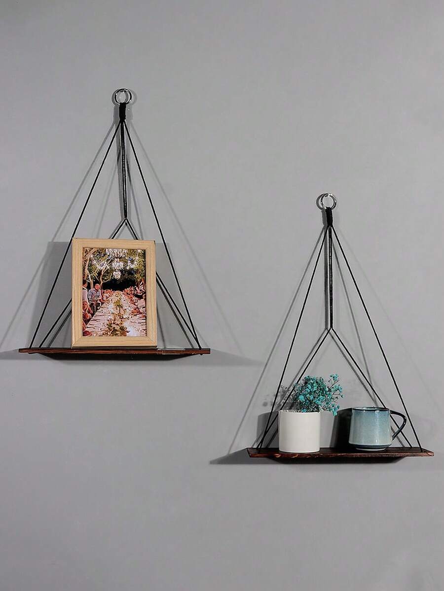 1个三角形悬挂式壁挂置物架，现代悬浮式储物架套装，适用于客厅、卧室、浴室，波西米亚风格壁挂式展示收纳架，可用于摆放植物、照片和装饰品