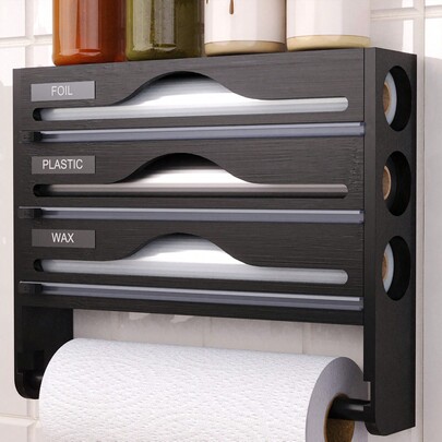 1 pieza Dispensador de envoltorio de bambú y plástico, Dispensador de papel de aluminio de 3 niveles con soporte para toallas de papel, Organizador de papel de aluminio y envoltorio de plástico, Adecuado para la cocina