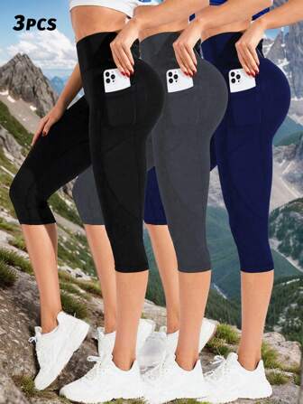 3 条装 - 女式高腰瑜伽裤，带口袋 - 收腹健身紧身裤，柔软弹力 7/8 七分裤，适合跑步健身运动服（最适合瑜伽跑步健身）