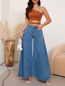 Women's Loose Wide Leg Button Fly Jeans With Pockets, Elegant & Sexy Denim Zipper Design - Light Wash - View 5