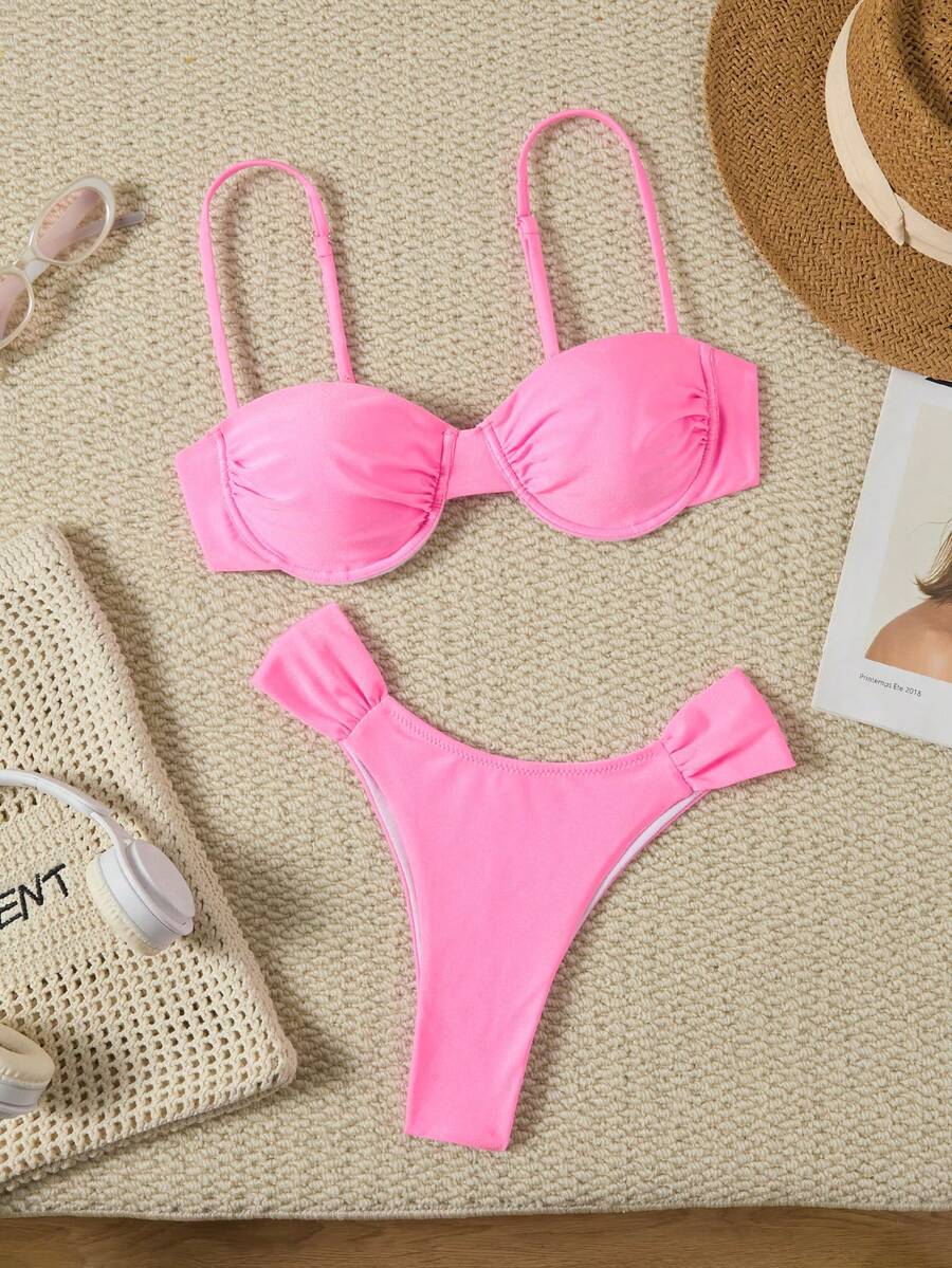Nuevo conjunto de bikini de unicolor, estilo europeo americano para vacaciones y playa - Rosa Pálido - Ver 1