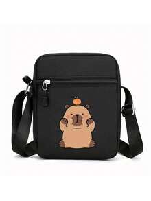 1 件，创意水豚印花黑色迷你斜挎包 - 适合休闲外出的运动包，轻质涤纶衬里，可调节肩带 - 黑色 - 查看 13