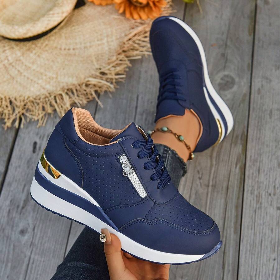 Fall/Winter New Fashion Wedge Sole Casual Sport Shoes,Shoes For Women,Breathable,Plus Size,Lace-Up,Patchwork Design,Sneakers For Women - Royal Blue - View 1