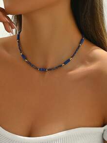 قلادة كريستال أزرق طبيعي بوهيمية مصنوعة يدويًا من حبات الخرز الفرنسية الفاخرة البسيطة للنساء