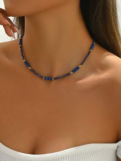 قلادة كريستال أزرق طبيعي بوهيمية مصنوعة يدويًا من حبات الخرز الفرنسية الفاخرة البسيطة للنساء