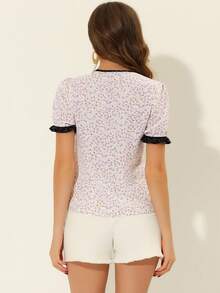 Women's Tie Neck Short Sleeve Floral Blouse Tops - 紫色 - 查看 4