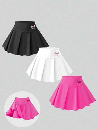 3pcs/Set Girls' Casual School Style Bow Print Pleated Skort, Autumn/Winter