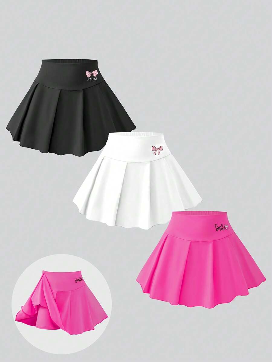 3pcs/Set Girls' Casual School Style Bow Print Pleated Skort, Autumn/Winter