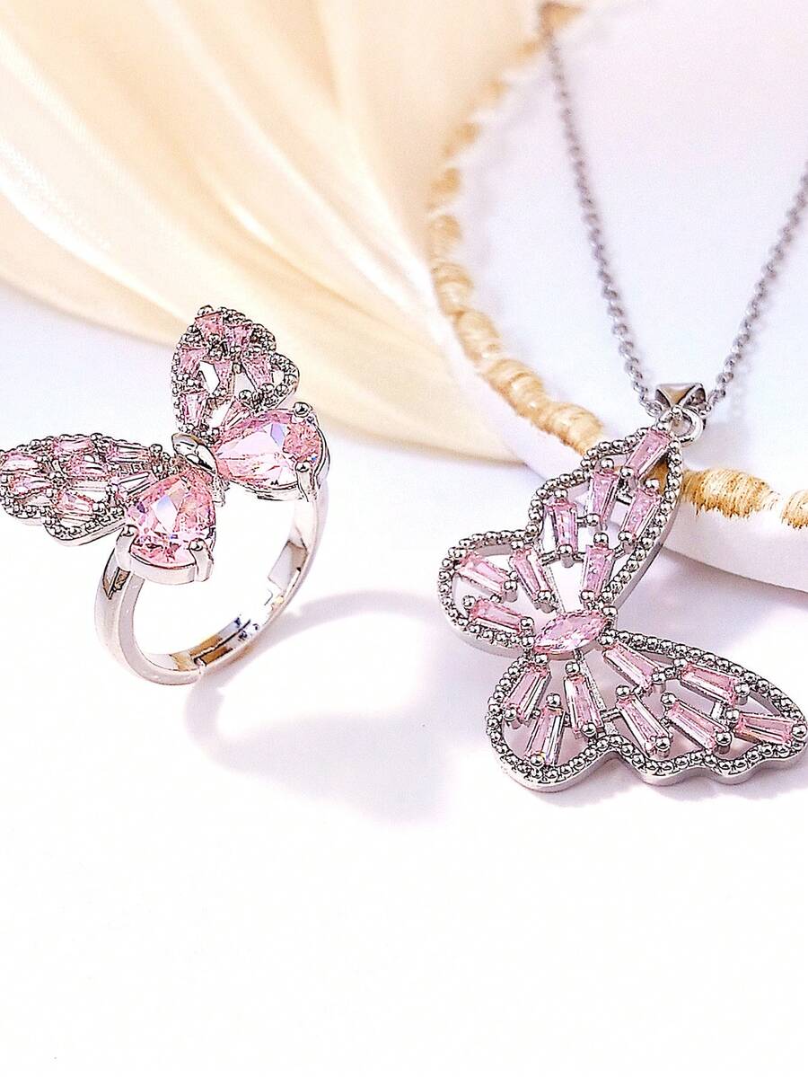 2 件时尚优雅粉红锆石铜蝴蝶项链吊坠 - 款式1 - 查看 1