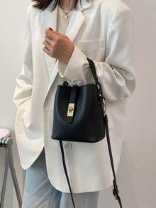 Women's Casual Crossbody Bucket Bag - Solid Color, Double-Layer PU Material Handbag, Magnetic Clasp, Adjustable Strap Shoulder Bag - Lightweight Design, Suitable For Commuter, Leisure And Dating, Simple Style, Wide Range Of Use - Black - View 6