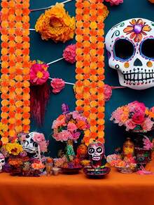 4.92 英尺 150 厘米长人造万寿菊花环，橙色和黄色万寿菊人造花用于装饰，人造万寿菊花家居装饰，婚礼派对背景装饰，人造花环用于装饰，传统装饰，用于普迦、圣诞节、万圣节装饰、排灯节派对、亡灵节活动派对装饰、生日毕业礼物 - 彩色 - 查看 4