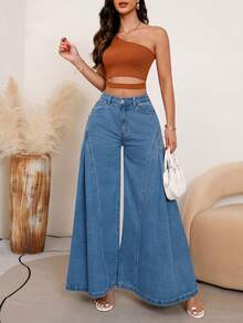 Women's Loose Wide Leg Button Fly Jeans With Pockets, Elegant & Sexy Denim Zipper Design - Light Wash - View 7