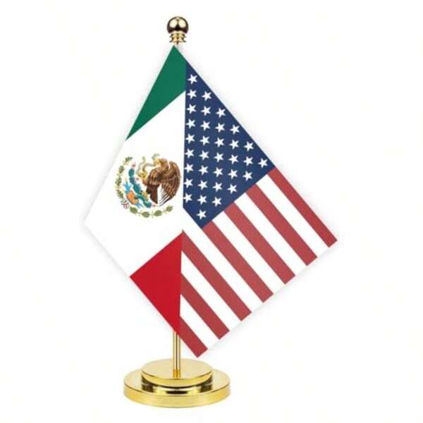 TLL  Mexico USA Friendship Desk Flag With Golden Base12 Inch Tall Small Mexican Indoor Banner Tiny Printing Decor For Office Home TableTLL