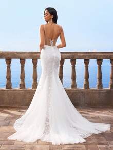 HEARBOBO 秋季优雅奢华无袖新娘送礼会礼服，巴洛克白色蕾丝订婚露背美人鱼波西米亚风新娘婚纱，带拖尾
