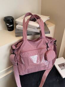1 pieza Bolso de mujer tipo tote de nylon rosa, simple y ligero, de gran capacidad, bolso de hombro plegable, estilo universitario/escolar, con múltiples bolsillos, bolso de moda lindo con monedero.