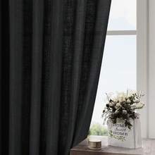Black Linen Textured Curtains For Living Room 60 Inches Long 2 Panels Set Back Tab Rod Pocket For Bedroom Kitchen Short Semi Sheer Light Filtering Protect Privacy Window Drapes W52xL60 - Black - View 7