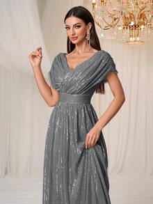 Women's Shiny Elegant V-Neck Ruched Dress For Prom/Formal Events - Grey - View 6