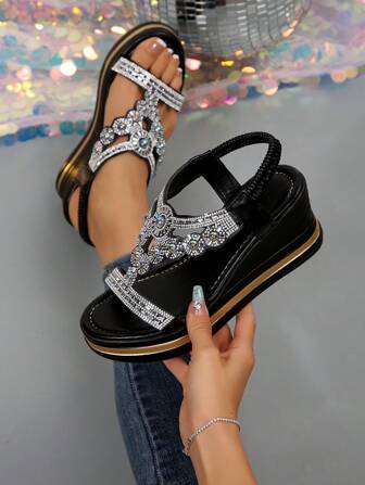 Women's Boho Rhinestone Embellished Wedge Sandals, Sparkly Casual Beach Holiday Roman Style Platform High Heel Black Sandals