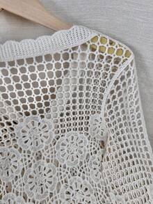 蕾丝开衫轻薄罩衫披肩女式短款短款上衣夏季薄款镂空长袖外套 - 米色 - 查看 6