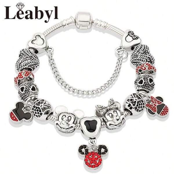 Disney 1 Pc Silver Color Cartoon Disney Mickey Minnie Charm Bracelet Red Black Enamel Animal Pendant Jewelry Gift