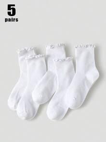 5 Pairs Women White Striped Ruffle Y2K Style Socks, Minimalist & Fashionable, Suitable For Daily/Casual/Outing/Travel Wear - White - View 1