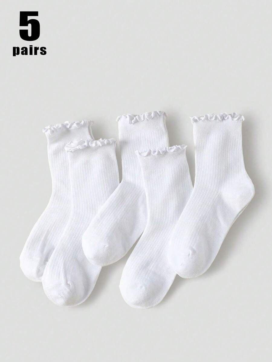 5 Pairs Women White Striped Ruffle Y2K Style Socks, Minimalist & Fashionable, Suitable For Daily/Casual/Outing/Travel Wear - White - View 1