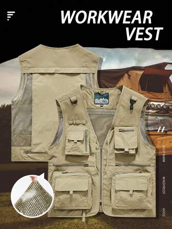 1 pieza Chaleco para hombre de color caqui resistente al viento y al agua, con múltiples bolsillos y cremallera, para actividades al aire libre como senderismo, campamento y pesca, otoño